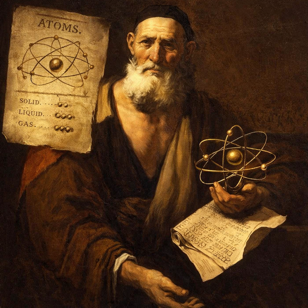 Painting of ancient philosopher holding an atomic model and scroll with atomic diagrams