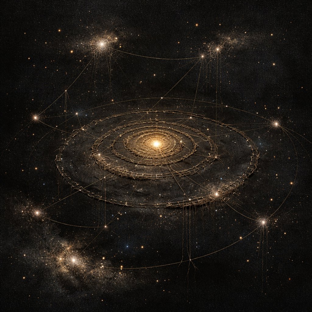 Concentric orbital rings with golden thread network in deep space