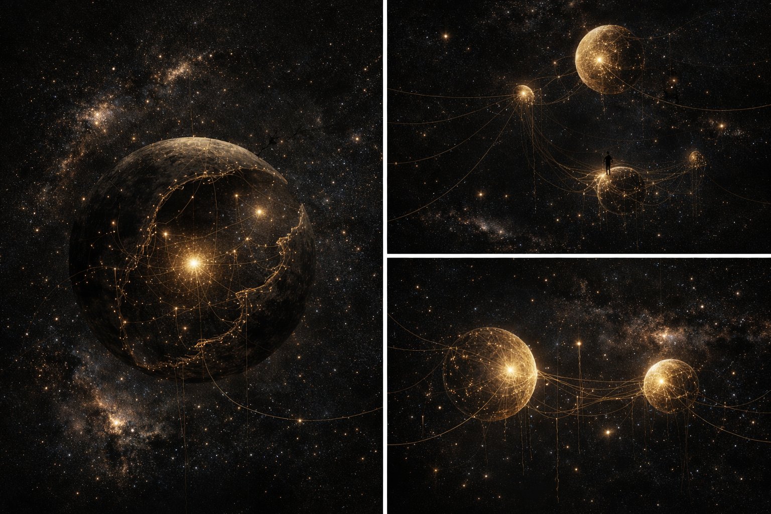 Spherical nodes connected by golden threads across cosmic space